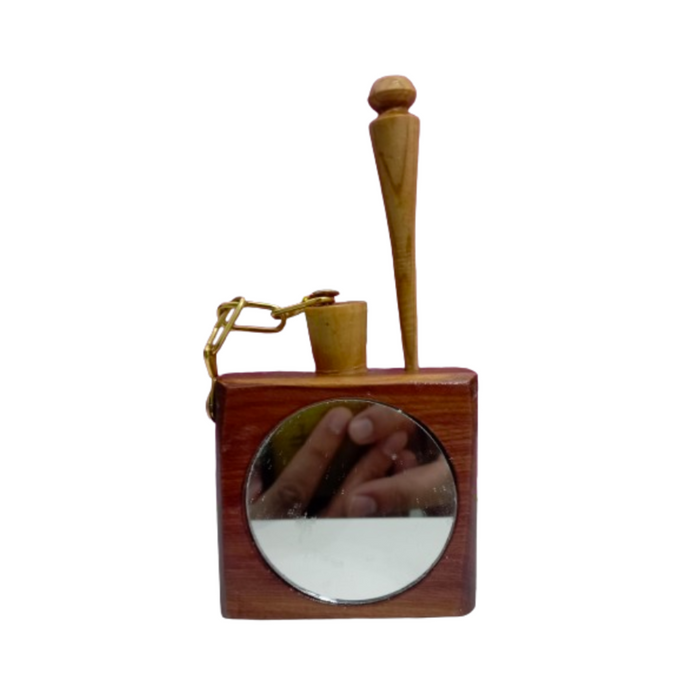 Boite à khôl artisanale rectangulaire avec miroir rond et chaîne métallique | Applicateur de khôl en bois attaché avec chaîne