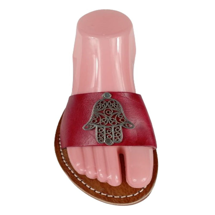 Khamssa sandales main de Fatima rouge avec métal de qualité artisanale berbère - Confortables, Durables et Élégantes - nilabeautys.com