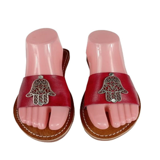 Khamssa sandales main de Fatima rouge avec métal de qualité artisanale berbère - Confortables, Durables et Élégantes - nilabeautys.com