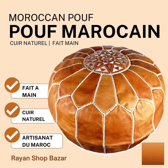 Pouf marocain marron claire en cuir - nilabeautys.com