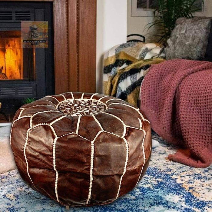 Pouf marocain en cuir avec coutures blanches , Cadeaux maison et Cadeaux de mariage - nilabeautys.com