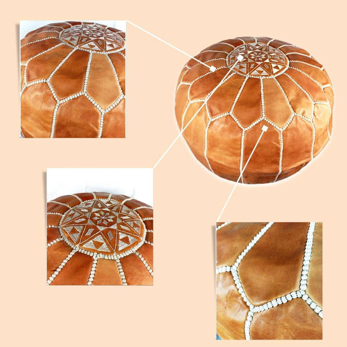 Pouf marocain en cuir avec coutures blanches , Cadeaux maison et Cadeaux de mariage - nilabeautys.com