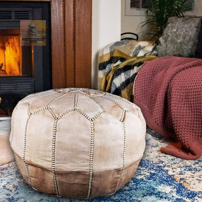 Pouf marocain en cuir avec coutures blanches , Cadeaux maison et Cadeaux de mariage - nilabeautys.com